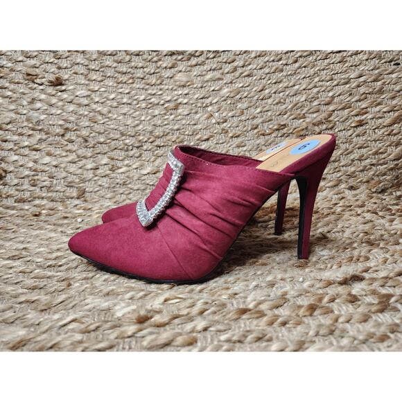 Anne Michelle Womens Slip On Mule High Heel Size 9 Rhinstone Buckle Burgundy Red - Picture 4 of 12
